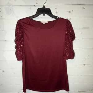 Above and Beyond Burgundy Sequin Sleeve Blouse Women's Size L